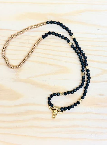 Jet Black Onyx & Silver or Gold Steer Skull Pendant Stretchy Boho Necklace