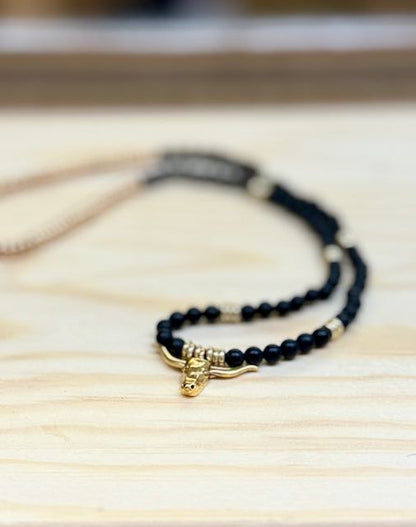 Jet Black Onyx & Silver or Gold Steer Skull Pendant Stretchy Boho Necklace