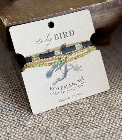 Jet Black & Mossy Green Tila Bead Stacked Bracelet Set – Handmade Boho Stretch Bracelets with Silver or Gold Accents