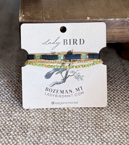 Jet Black & Mossy Green Tila Bead Stacked Bracelet Set – Handmade Boho Stretch Bracelets with Silver or Gold Accents