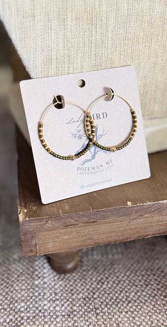 Olive Green & Beige Striped Boho Seed Bead Hoop Earrings in Gold
