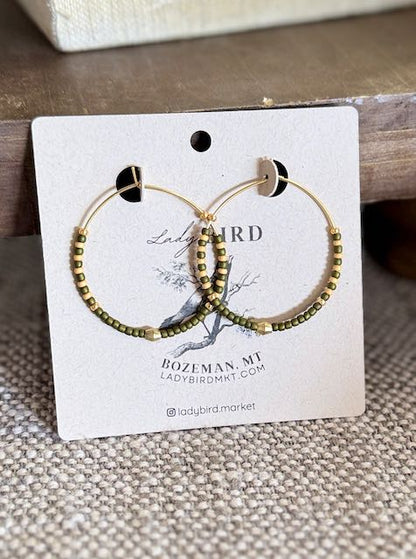 Olive Green & Beige Striped Boho Seed Bead Hoop Earrings in Gold