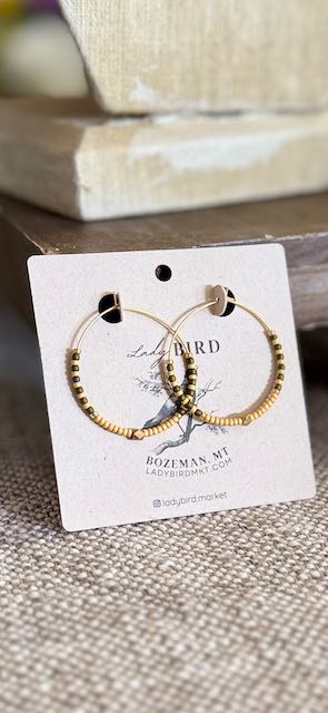 Creamy Beige & Olive Green Striped Boho Seed Bead Hoop Earrings in Gold