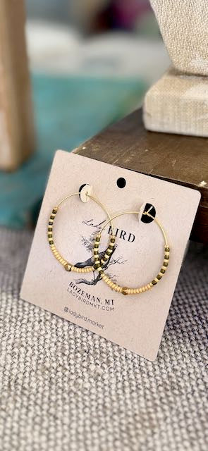 Creamy Beige & Olive Green Striped Boho Seed Bead Hoop Earrings in Gold