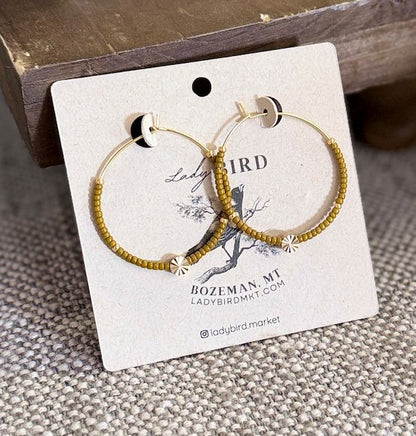 Dark Yellow/Ochre & Gold Boho Seed Bead Hoop Earrings