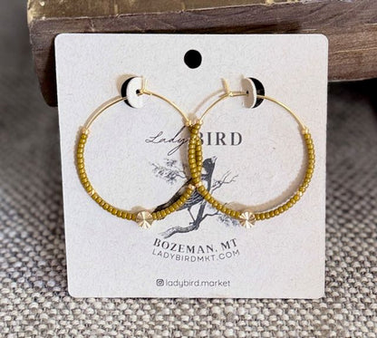 Dark Yellow/Ochre & Gold Boho Seed Bead Hoop Earrings