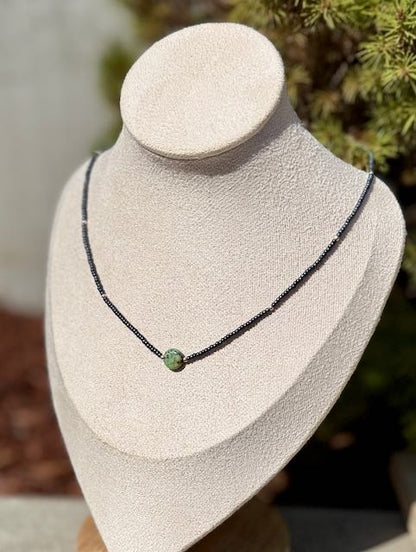 Steel Gray Boho Seed Bead Necklace with African Turquoise Circle Pendant – Stretchy Handmade Gemstone Jewelry