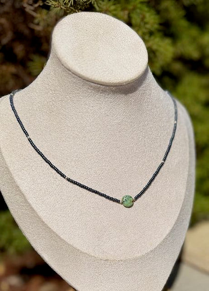 Steel Gray Boho Seed Bead Necklace with African Turquoise Circle Pendant – Stretchy Handmade Gemstone Jewelry