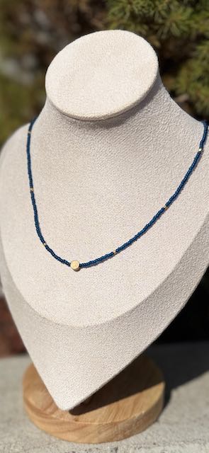 Navy Blue Stretch Seed Bead Boho Necklace with Gold Full Moon Charm – Handmade Minimalist Jewelry