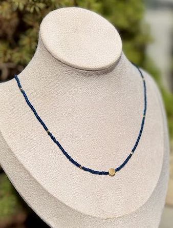 Navy Blue Stretch Seed Bead Boho Necklace with Gold Full Moon Charm – Handmade Minimalist Jewelry