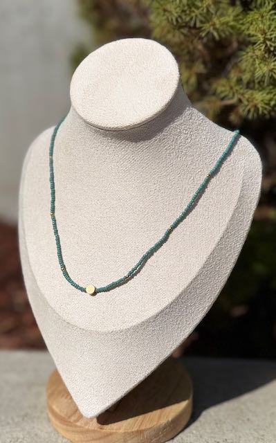 Eucalyptus Green Stretch Seed Bead Boho Necklace with Gold Full Moon Charm – Handmade Minimalist Jewelry