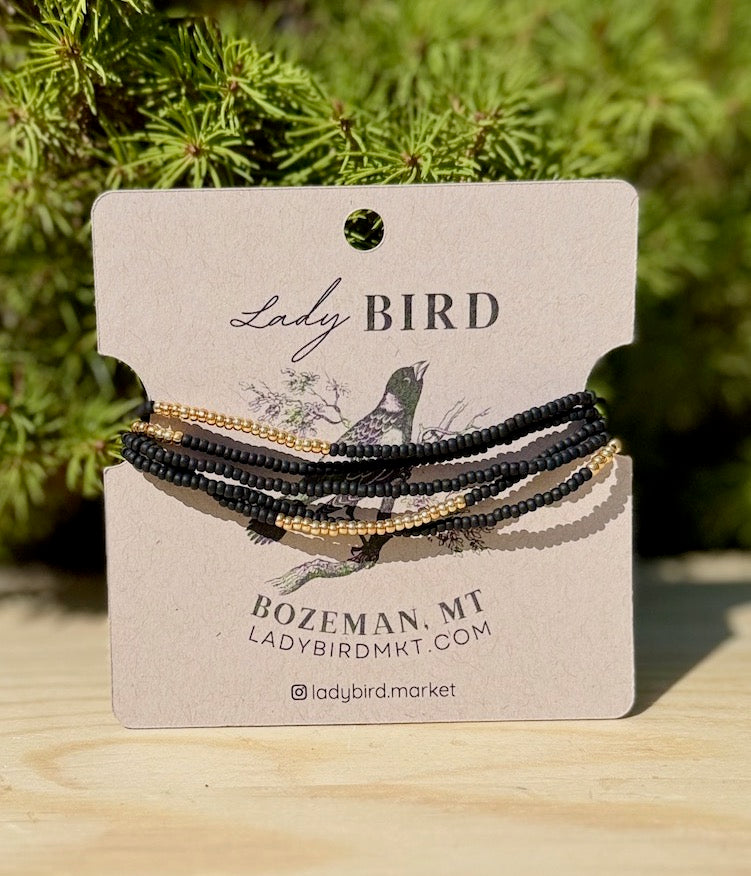 Jet Black & Gold Striped Beaded Boho Wrap Bracelet/Necklace