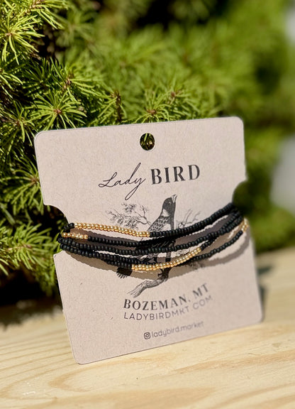 Jet Black & Gold Striped Beaded Boho Wrap Bracelet/Necklace