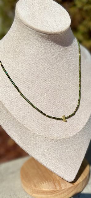 Hunter Green Stretch Seed Bead Boho Necklace with Gold Crescent Moon Charm – Handmade Minimalist Jewelry