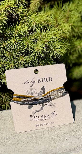 Burnt Yellow & Steel Grey Striped Beaded Boho Wrap Bracelet/Necklace