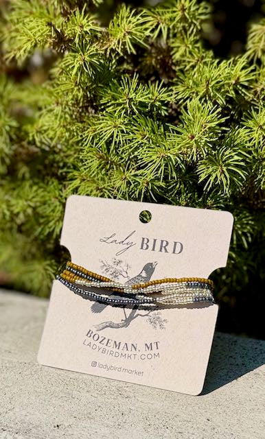 Burnt Yellow & Steel Grey Striped Beaded Boho Wrap Bracelet/Necklace