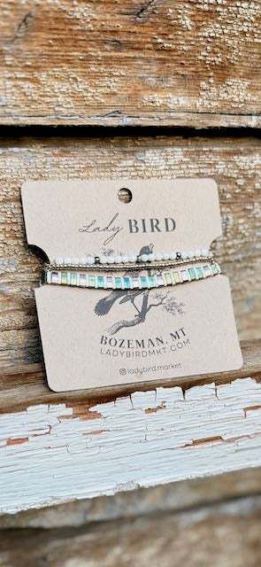 Shiny Green & White Striped Tila Bead Bracelet Set | Handmade Stretchy Boho Wrap in Gold or Silver