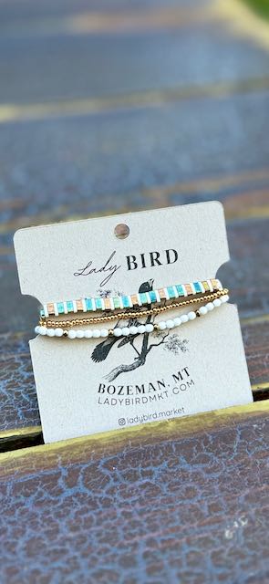 Shiny Green & White Striped Tila Bead Bracelet Set | Handmade Stretchy Boho Wrap in Gold or Silver