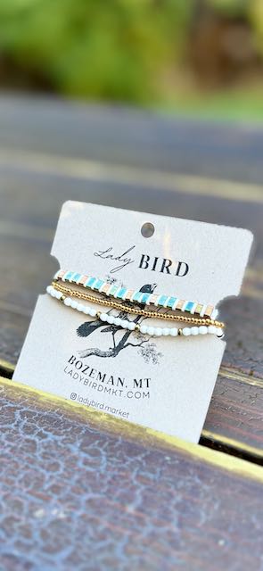 Shiny Green & White Striped Tila Bead Bracelet Set | Handmade Stretchy Boho Wrap in Gold or Silver