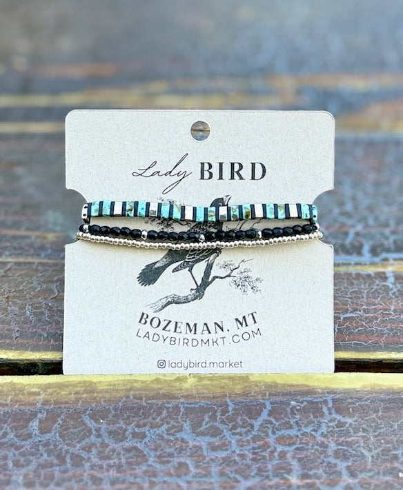 Speckled Turquoise Stripes with Black Stretchy Tila Bead Bracelet Set in Gold or Silver