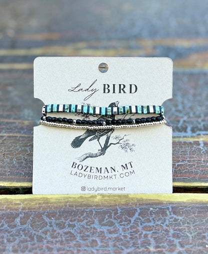 Speckled Turquoise Stripes with Black Stretchy Tila Bead Bracelet Set in Gold or Silver