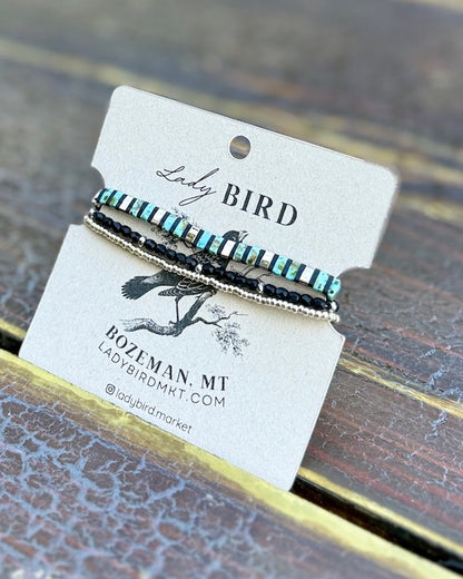 Speckled Turquoise Stripes with Black Stretchy Tila Bead Bracelet Set in Gold or Silver