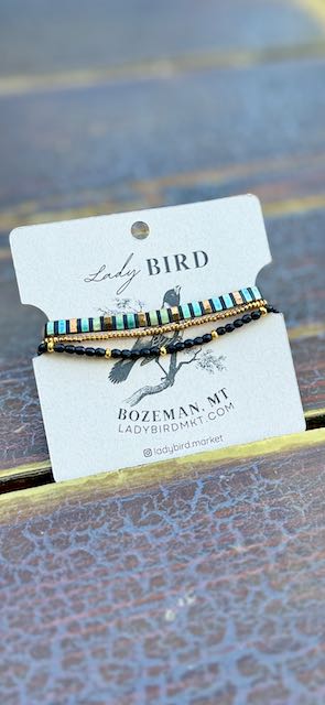 Shiny Black Stripes with Black Tila Bead Bracelet Set | Handmade Stretchy Boho Wrap in Gold or Silver