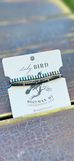 Shiny Black Stripes with Black Tila Bead Bracelet Set | Handmade Stretchy Boho Wrap in Gold or Silver