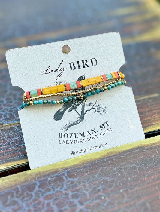 Sunflower Yellow & Teal Harvest Tila Bead Stacked Bracelet Set | Handmade Boho Stretch Wrap in Silver or Gold