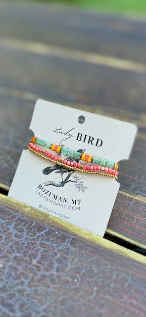 Mossy Green Forest & Orange Tila Bead Bracelet Set | Handmade Stretchy Boho Wrap in Gold or Silver