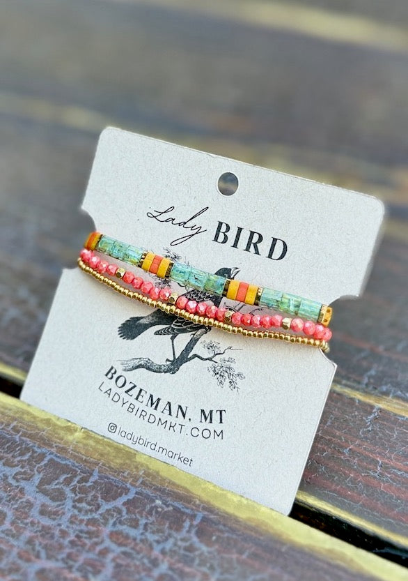 Mossy Green Forest & Orange Tila Bead Bracelet Set | Handmade Stretchy Boho Wrap