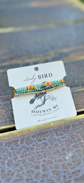 Mossy Green Forest & Teal Tila Bead Bracelet Set | Handmade Stretchy Boho Wrap in Gold or Silver