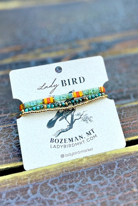 Mossy Green Forest & Teal Tila Bead Bracelet Set | Handmade Stretchy Boho Wrap in Gold or Silver