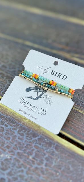 Mossy Green Forest & Teal Tila Bead Bracelet Set | Handmade Stretchy Boho Wrap in Gold or Silver