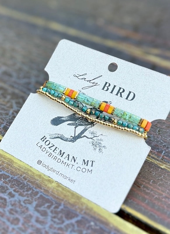 Mossy Green Forest & Teal Tila Bead Bracelet Set | Handmade Stretchy Boho Wrap in Gold or Silver