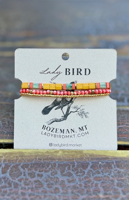 Sunflower Yellow & Orange Harvest Tila Bead Stacked Bracelet Set | Handmade Boho Stretch Wrap in Silver or Gold