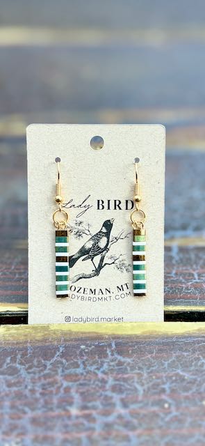 Shiny Green & White Stripes Tila Bead Dangle Earrings | Handmade Boho Jewelr