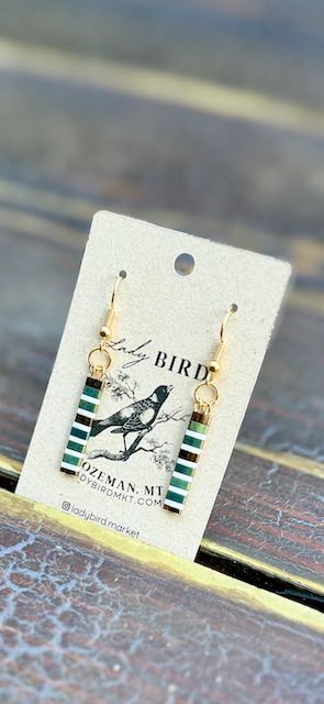 Shiny Green & White Stripes Tila Bead Dangle Earrings | Handmade Boho Jewelr