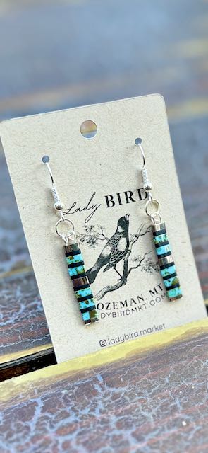 Speckled Turquoise & Black Striped Tila Bead Dangle Earrings | Handmade Boho