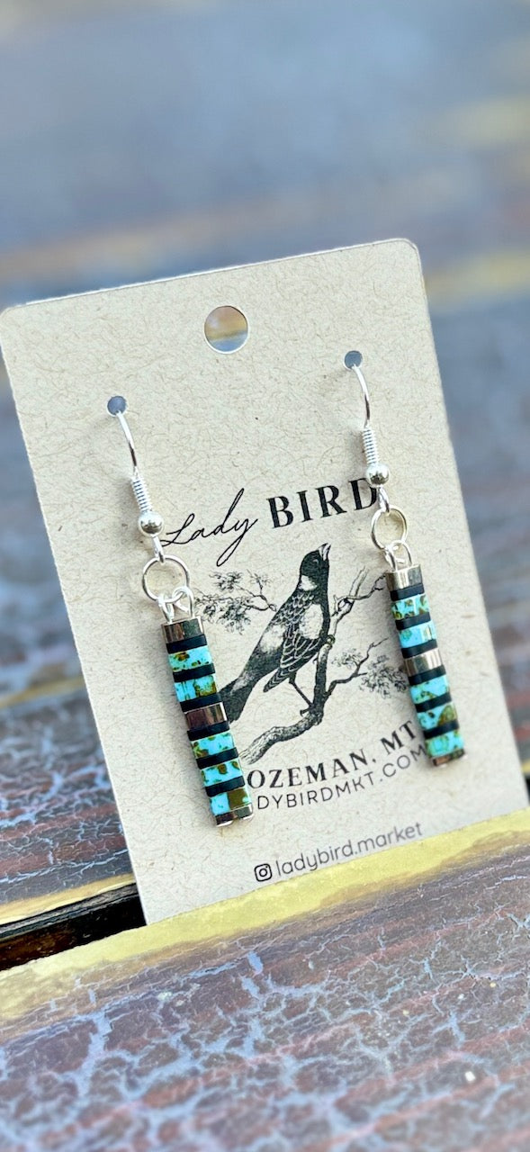 Speckled Turquoise & Black Striped Tila Bead Dangle Earrings | Handmade Boho Style