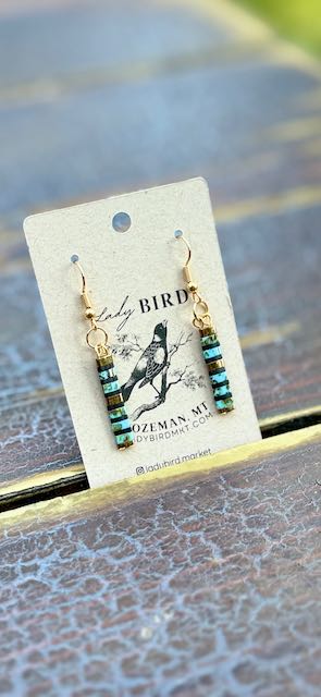 Speckled Turquoise & Black Striped Tila Bead Dangle Earrings | Handmade Boho