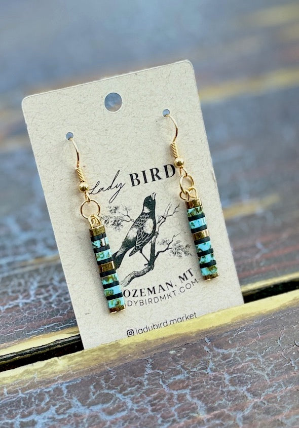 Speckled Turquoise & Black Striped Tila Bead Dangle Earrings | Handmade Boho Style
