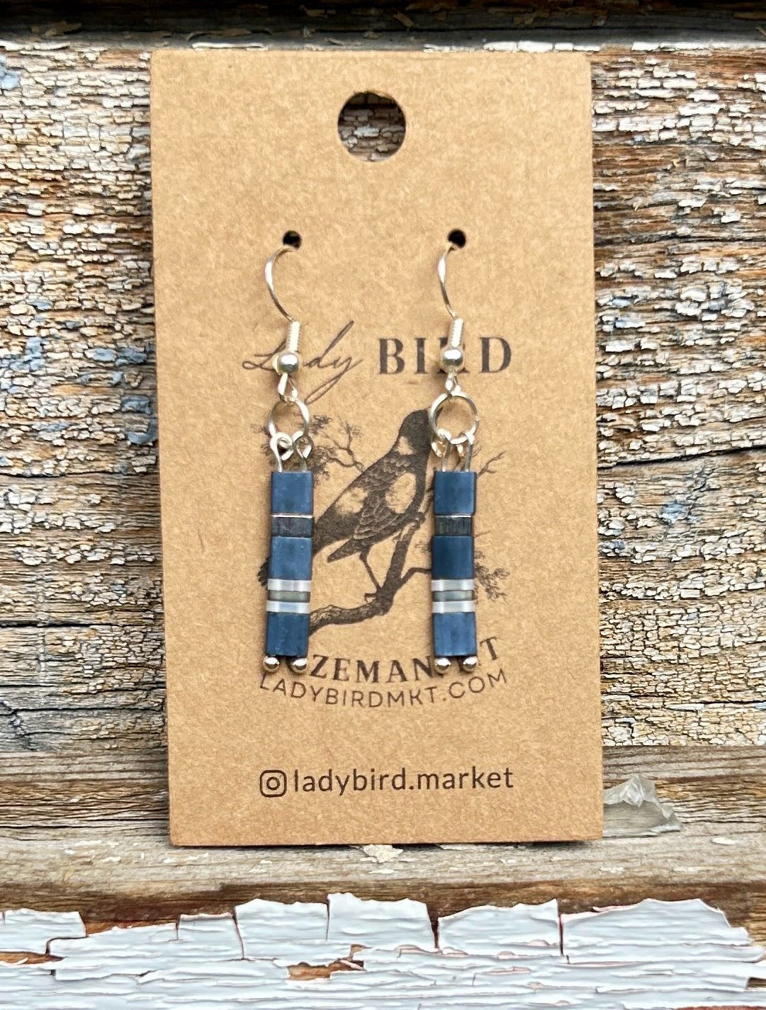 Navy Blue & White Striped Tila Bead Earrings with Gold or Silver