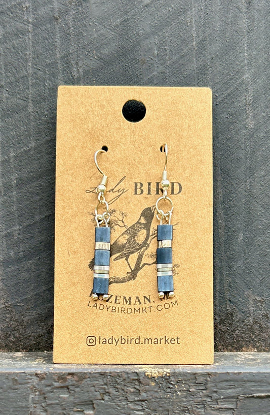 Navy Blue & White Striped Tila Bead Earrings with Gold or Silver