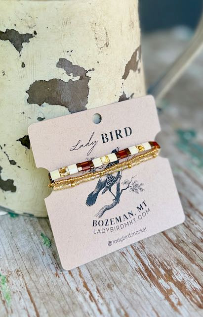 Amber Autumn Mix & White Tila Bead Bracelet Set | Handmade Boho Stacked Stretch Bracelets in Silver or Gold