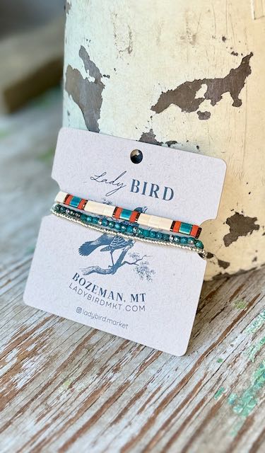 Creamy White Fall Bliss & Teal Color Mix Tila Bead Bracelet Set | Handmade Boho Stacked Stretch Bracelets in Silver or Gold