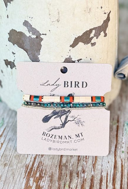 Creamy White Fall Bliss & Teal Color Mix Tila Bead Bracelet Set | Handmade Boho Stacked Stretch Bracelets in Silver or Gold