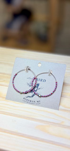 Red & Grey Striped Boho Seed Bead Hoop Earrings