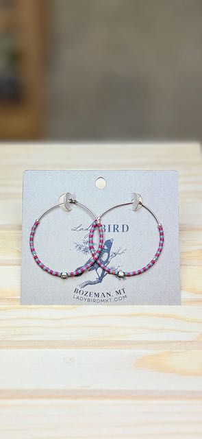 Red & Grey Striped Boho Seed Bead Hoop Earrings