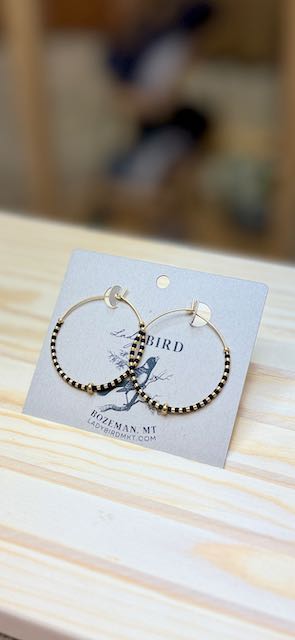 Black & Gold Striped Boho Seed Bead Hoop Earrings - Lightweight Miyuki Glass